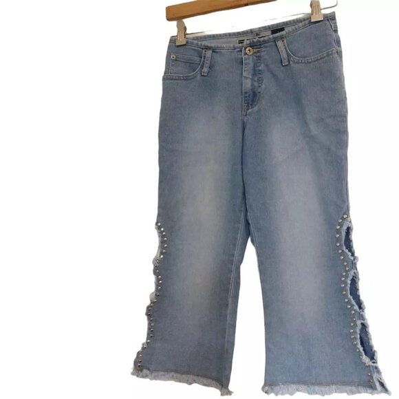 Y2K VTG Rave R4R Studded Super Distressed Jeans Jrs 1 Grunge Punk Crop - Picture 1 of 6